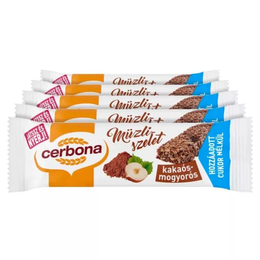 Cerbona Kakaós-mogyorós müzliszelet Cukor hozzáadása nékül édesítőszerrel - Tízórai csomag / 5 x 20 g